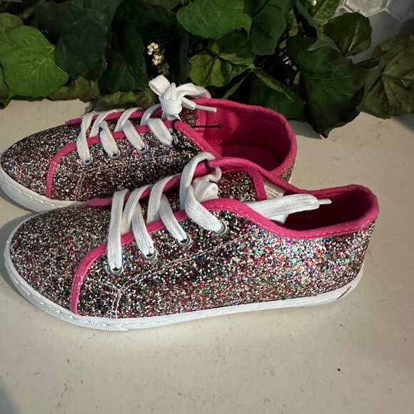 Multi-Color Glitter Sneakers With Pink Trim & White Laces Size 3 Plastic Upper C - Picture 2 of 8